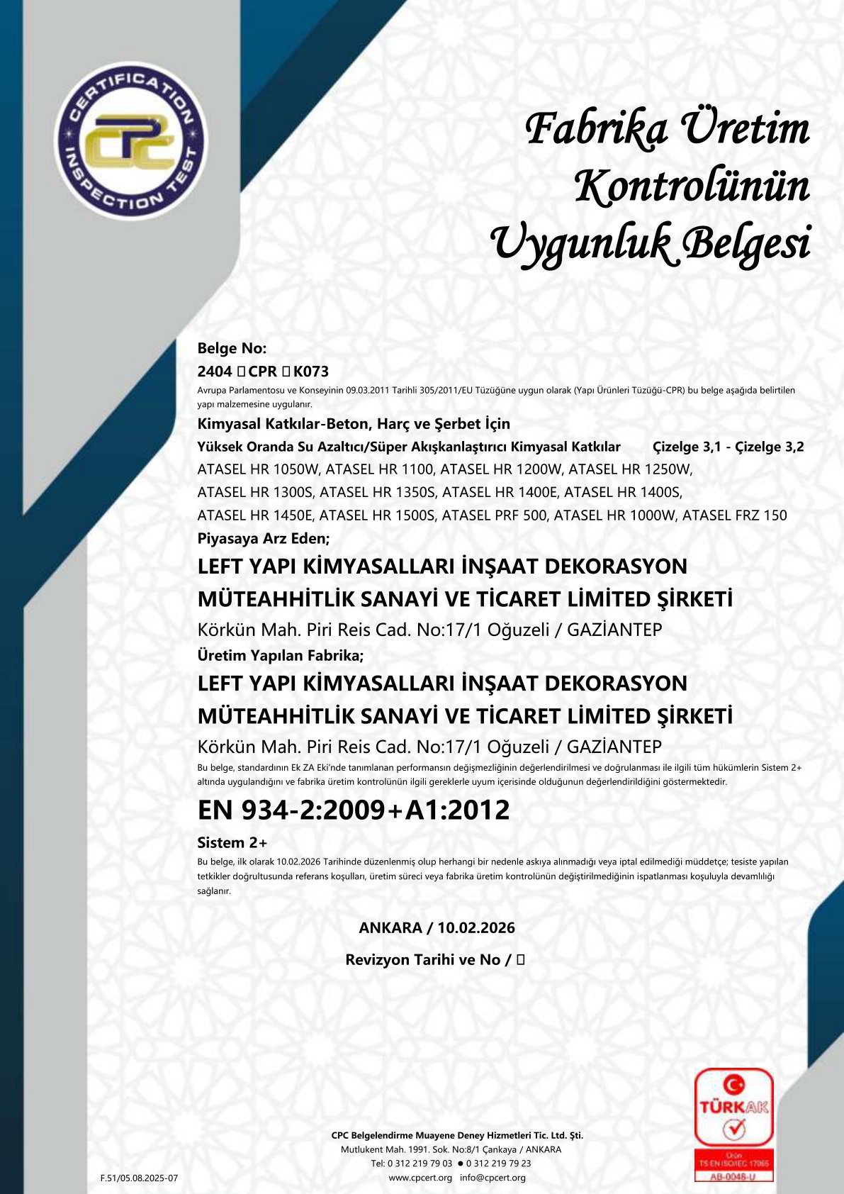 Fabrika Üretim Kontrolünün Uygunluk Belgesi (CPR)